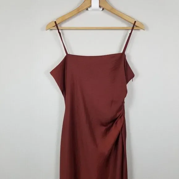 House Of Harlow 1960 Revolve Brown Satin Long Ruche Detail Side Slit Dress Sz XL - Picture 8 of 13